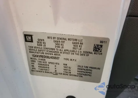 2011 GMC Acadia Slt-1 from USA, damaged, VIN 1GKKVRED5BJ409607